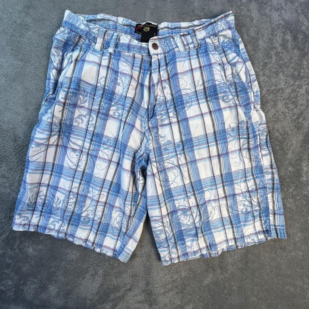 Phat Farm Classics Shorts Mens 38 Blue White Plaid Button Pockets Streetwear